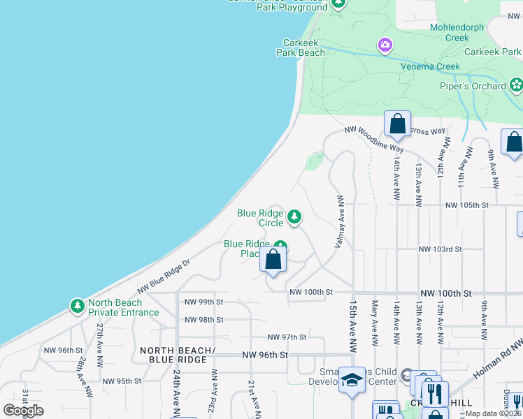 map of restaurants, bars, coffee shops, grocery stores, and more near 1919 Northwest Blue Ridge Drive in Seattle