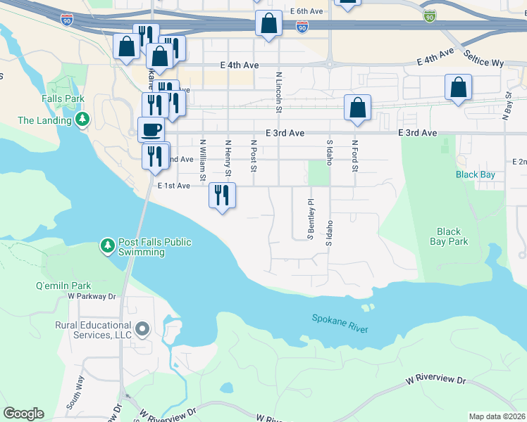 map of restaurants, bars, coffee shops, grocery stores, and more near 500 Whitewater Lane in Post Falls