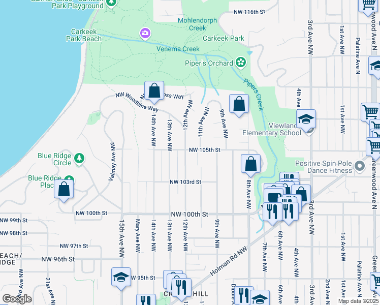 map of restaurants, bars, coffee shops, grocery stores, and more near 10325 12th Avenue Northwest in Seattle