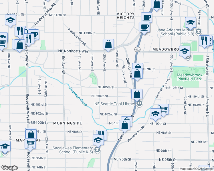 map of restaurants, bars, coffee shops, grocery stores, and more near 2021 Northeast 105th Street in Seattle