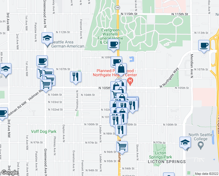 map of restaurants, bars, coffee shops, grocery stores, and more near North 105th Street & Whitman Avenue North in Seattle