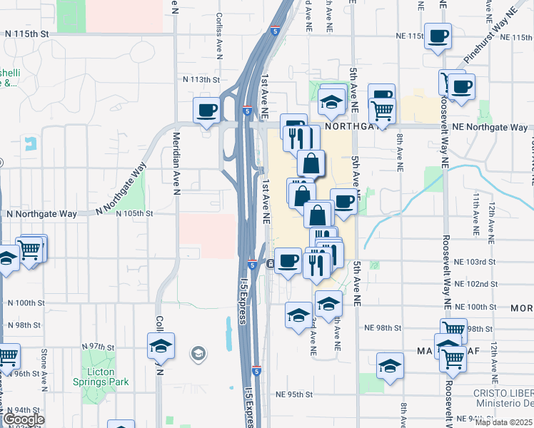 map of restaurants, bars, coffee shops, grocery stores, and more near 10484 1st Avenue Northeast in Seattle