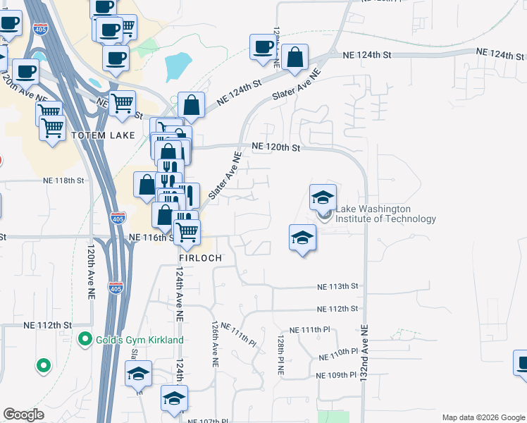map of restaurants, bars, coffee shops, grocery stores, and more near 12744 Northeast 116th Lane in Kirkland