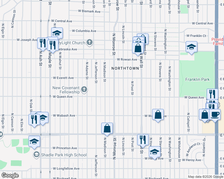 map of restaurants, bars, coffee shops, grocery stores, and more near in Spokane