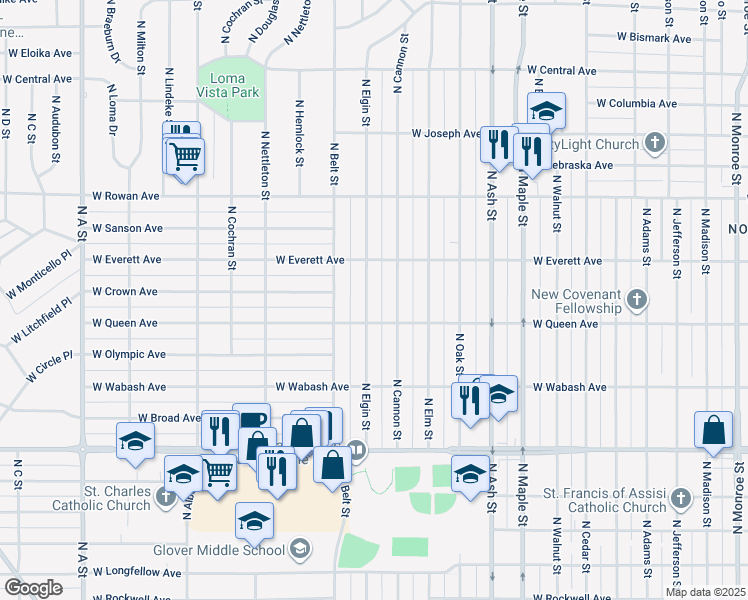 map of restaurants, bars, coffee shops, grocery stores, and more near 5124 North Elgin Street in Spokane