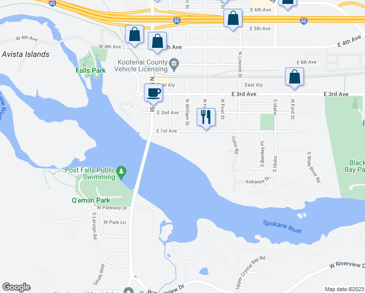 map of restaurants, bars, coffee shops, grocery stores, and more near 212 East 1st Avenue in Post Falls