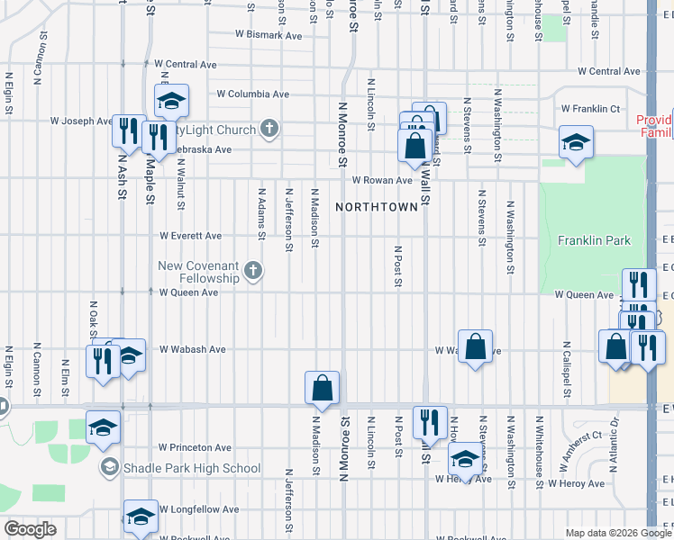 map of restaurants, bars, coffee shops, grocery stores, and more near in Spokane