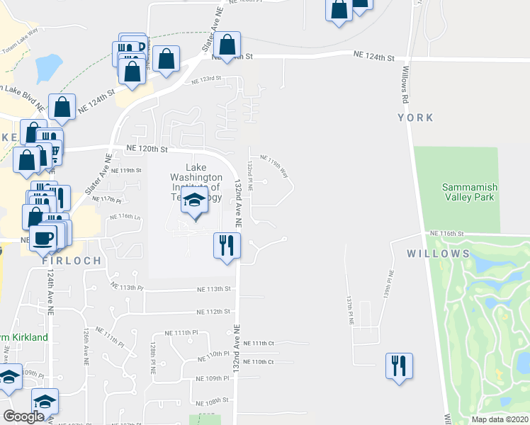 map of restaurants, bars, coffee shops, grocery stores, and more near 11645 132nd Court Northeast in Redmond