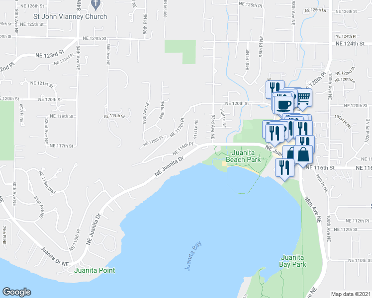 map of restaurants, bars, coffee shops, grocery stores, and more near 9039 Northeast Juanita Drive in Kirkland