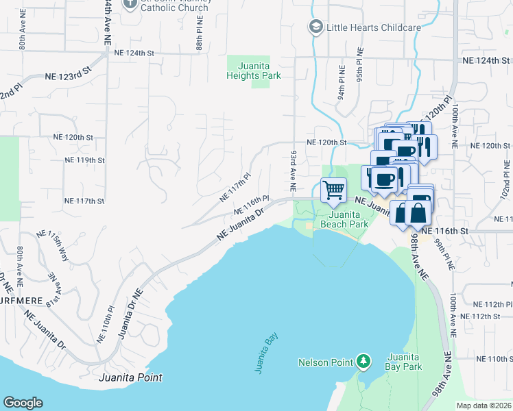 map of restaurants, bars, coffee shops, grocery stores, and more near 9032 Northeast Juanita Drive in Kirkland