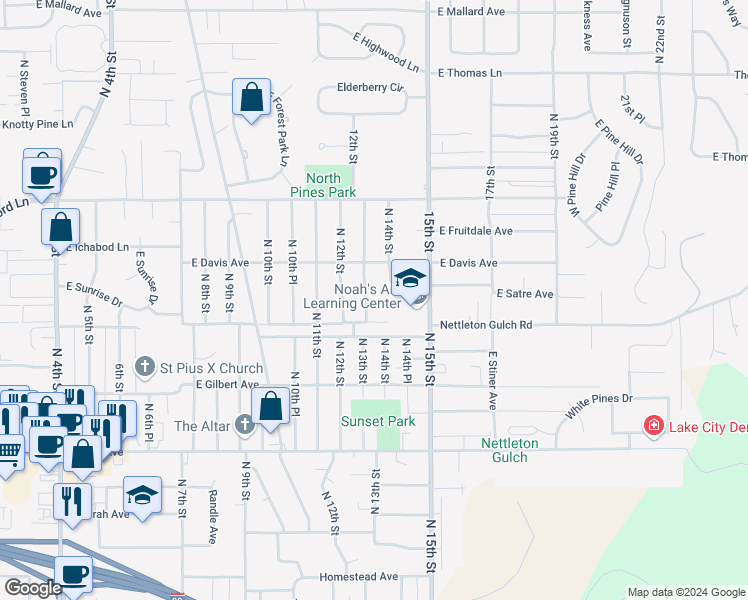 map of restaurants, bars, coffee shops, grocery stores, and more near 3142 North 13th Street in Coeur d'Alene