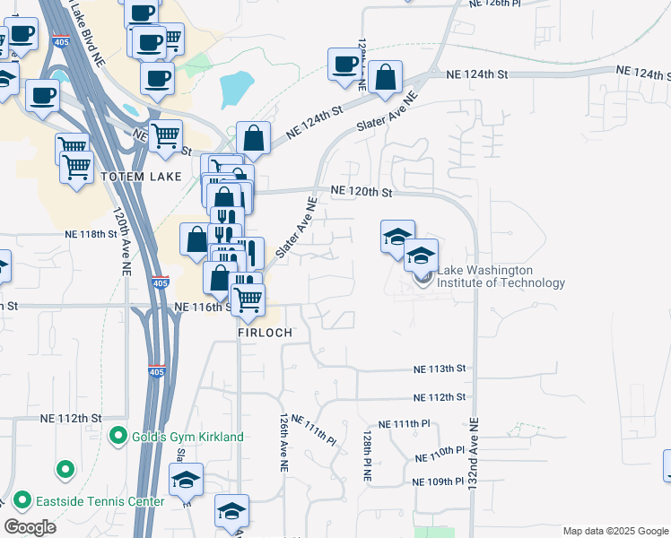 map of restaurants, bars, coffee shops, grocery stores, and more near 12744 Northeast 116th Lane in Kirkland