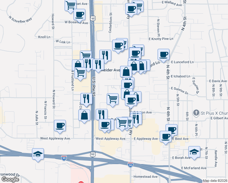 map of restaurants, bars, coffee shops, grocery stores, and more near 3027 North Government Way in Coeur d'Alene
