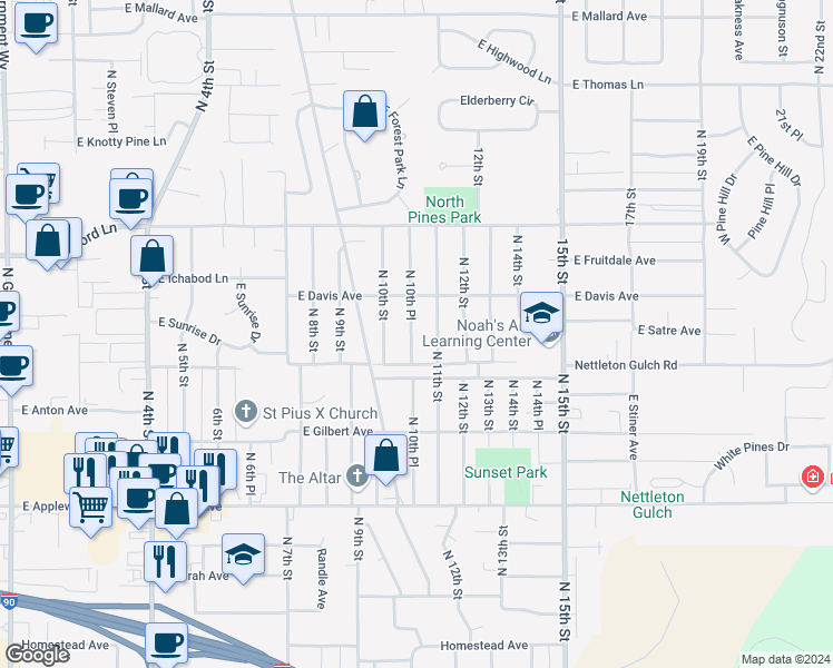 map of restaurants, bars, coffee shops, grocery stores, and more near 3144 North 10th Place in Coeur d'Alene