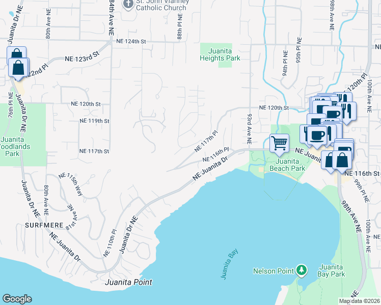 map of restaurants, bars, coffee shops, grocery stores, and more near 8902 Northeast 117th Place in Kirkland
