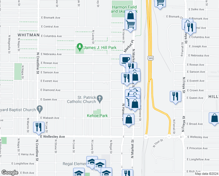 map of restaurants, bars, coffee shops, grocery stores, and more near 2814 East Everett Avenue in Spokane