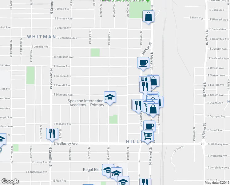 map of restaurants, bars, coffee shops, grocery stores, and more near 5302 North Lacey Street in Spokane