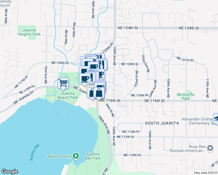 map of restaurants, bars, coffee shops, grocery stores, and more near 11801 100th Avenue Northeast in Kirkland
