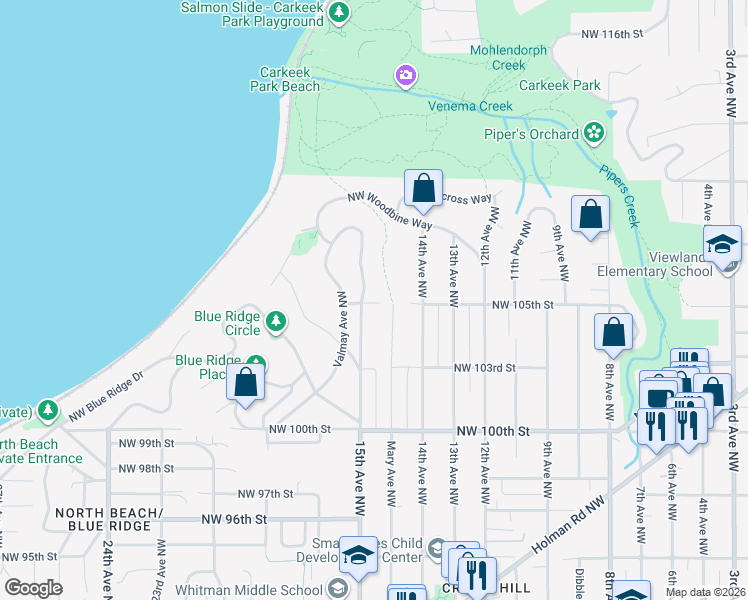 map of restaurants, bars, coffee shops, grocery stores, and more near 10528 15th Avenue Northwest in Seattle