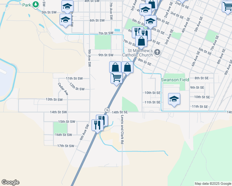 map of restaurants, bars, coffee shops, grocery stores, and more near Lewis and Clark Trail in Sidney