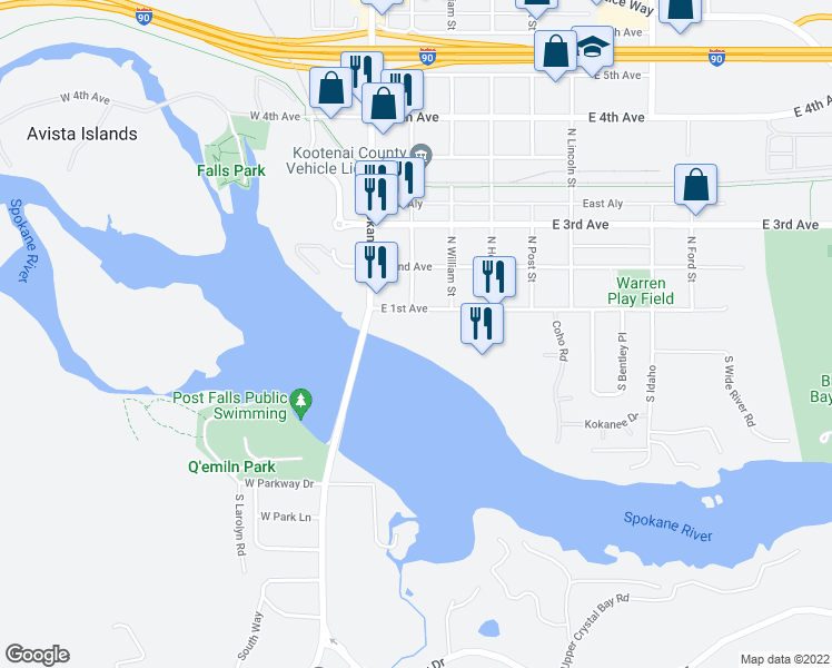 map of restaurants, bars, coffee shops, grocery stores, and more near 212 East 1st Avenue in Post Falls