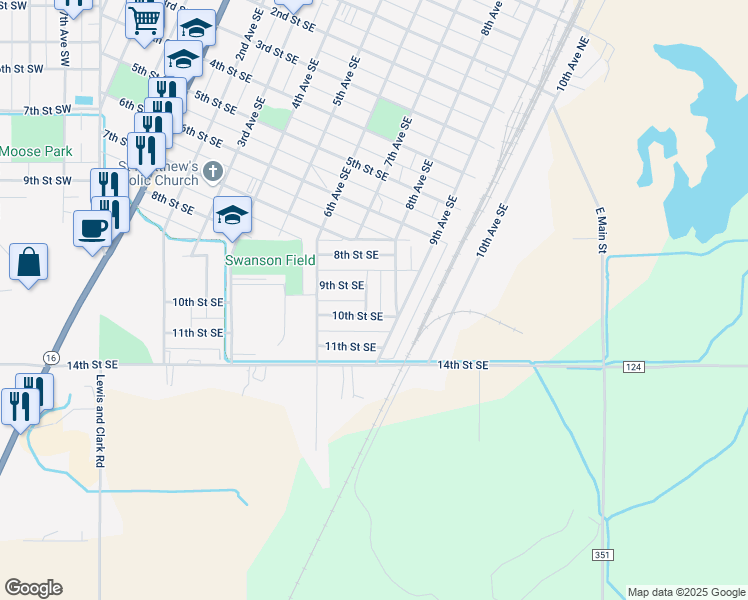 map of restaurants, bars, coffee shops, grocery stores, and more near 815 8th Avenue Southeast in Sidney