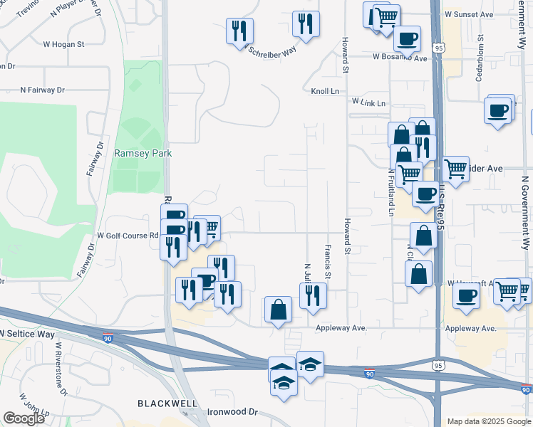 map of restaurants, bars, coffee shops, grocery stores, and more near 1129 West Kristen Avenue in Coeur d'Alene