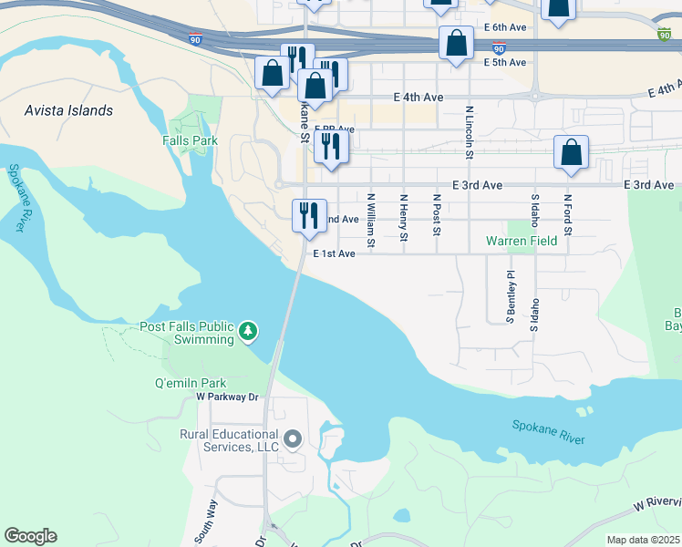 map of restaurants, bars, coffee shops, grocery stores, and more near 212 East 1st Avenue in Post Falls