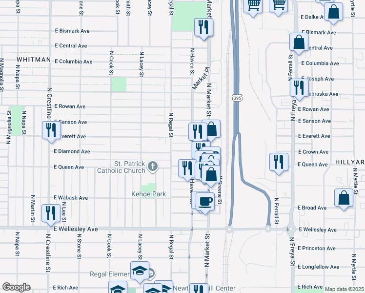 map of restaurants, bars, coffee shops, grocery stores, and more near 2913 East Everett Avenue in Spokane
