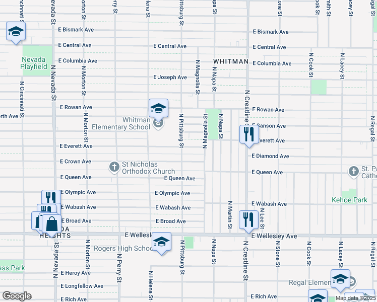 map of restaurants, bars, coffee shops, grocery stores, and more near 5308 North Pittsburg Street in Spokane