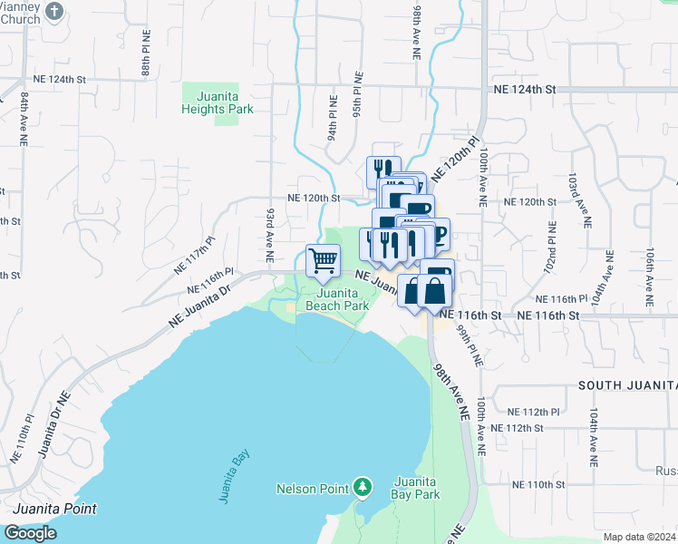 map of restaurants, bars, coffee shops, grocery stores, and more near 9598 NE Juanita Dr in Kirkland
