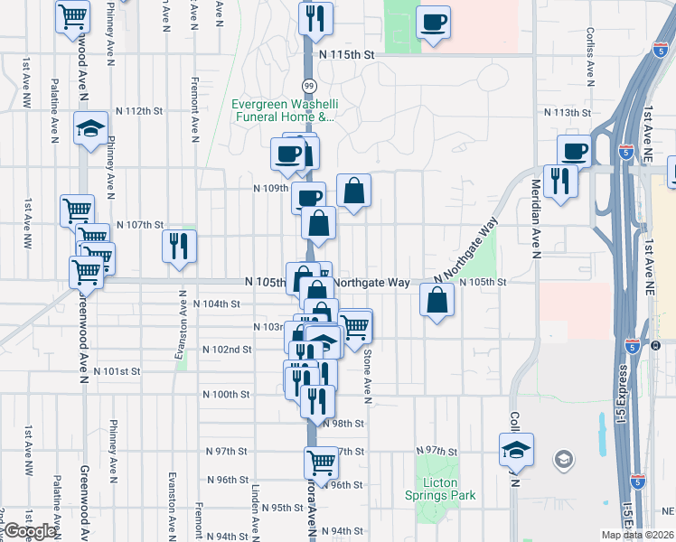map of restaurants, bars, coffee shops, grocery stores, and more near 10532 Midvale Avenue North in Seattle