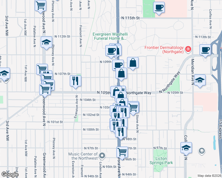 map of restaurants, bars, coffee shops, grocery stores, and more near 10530 Whitman Avenue North in Seattle