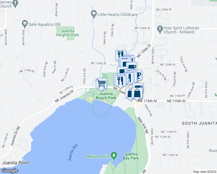 map of restaurants, bars, coffee shops, grocery stores, and more near 9598 Northeast Juanita Drive in Kirkland
