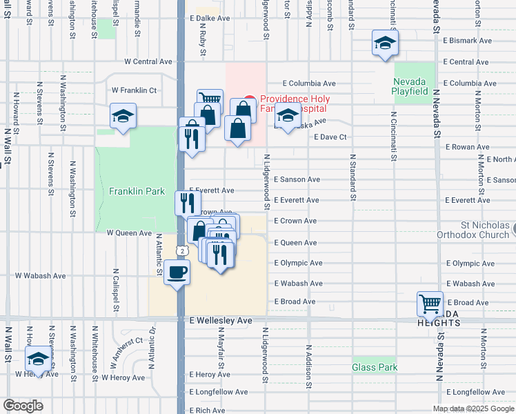 map of restaurants, bars, coffee shops, grocery stores, and more near 215 East Crown Avenue in Spokane