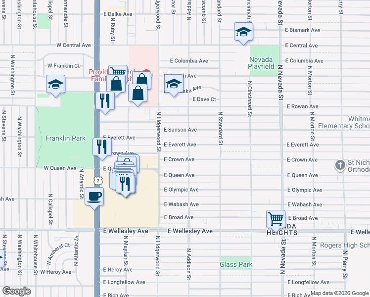 map of restaurants, bars, coffee shops, grocery stores, and more near 426 East Everett Avenue in Spokane