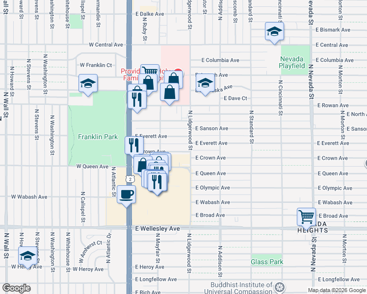 map of restaurants, bars, coffee shops, grocery stores, and more near 213 East Crown Avenue in Spokane