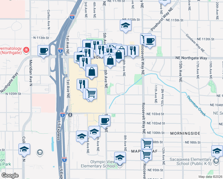 map of restaurants, bars, coffee shops, grocery stores, and more near 10510 5th Avenue Northeast in Seattle
