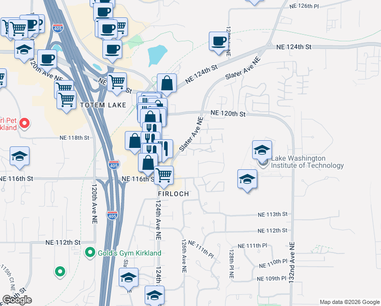 map of restaurants, bars, coffee shops, grocery stores, and more near 12505 Northeast 117th Place in Kirkland