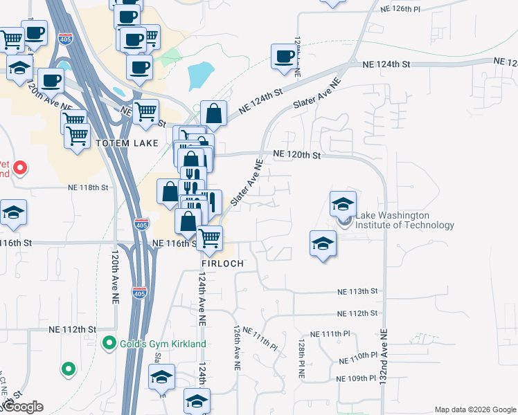 map of restaurants, bars, coffee shops, grocery stores, and more near 12504 Northeast 117th Place in Kirkland