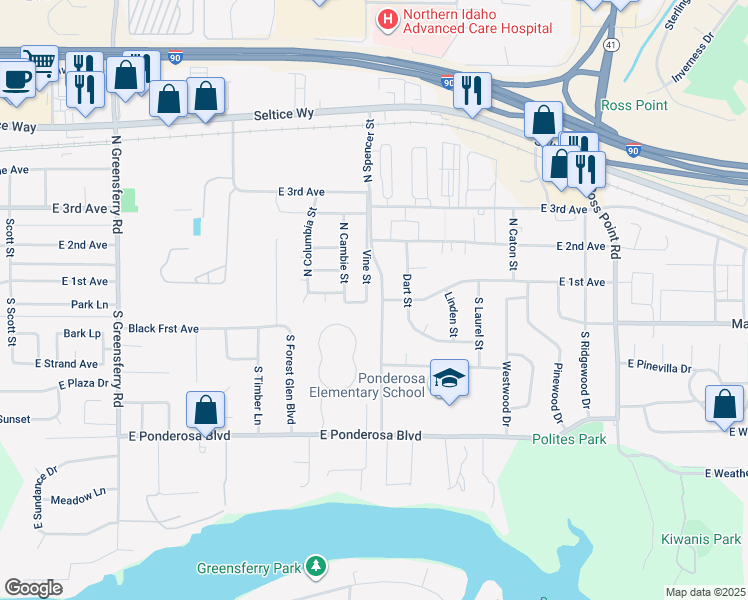 map of restaurants, bars, coffee shops, grocery stores, and more near 150 North Spencer Street in Post Falls