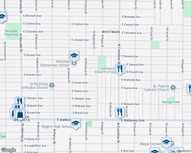 map of restaurants, bars, coffee shops, grocery stores, and more near 5307 North Magnolia Street in Spokane