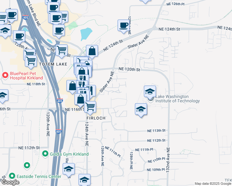 map of restaurants, bars, coffee shops, grocery stores, and more near 12614 Northeast 118th Street in Kirkland
