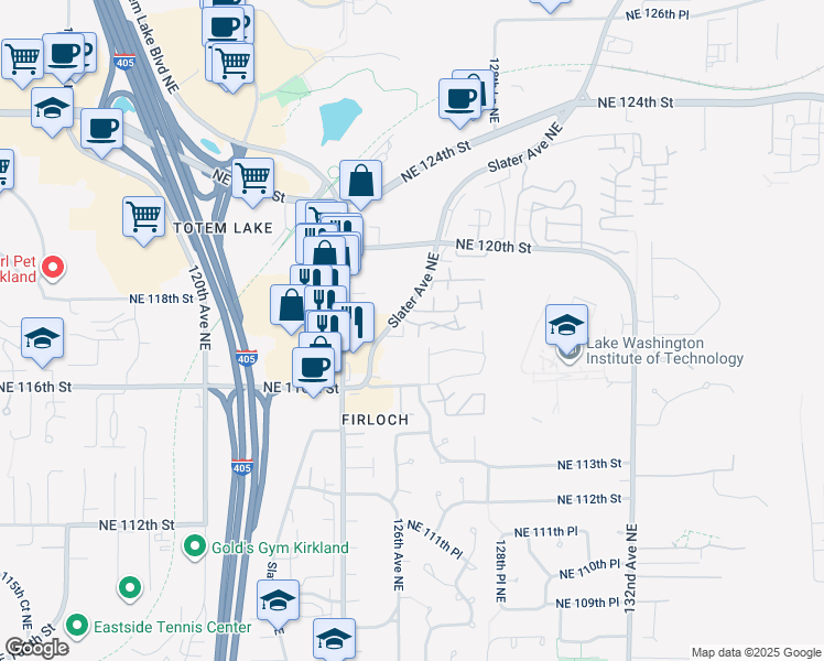 map of restaurants, bars, coffee shops, grocery stores, and more near 12510 Northeast 117th Place in Kirkland