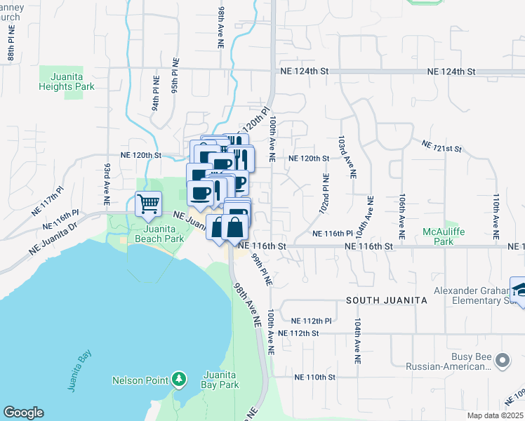 map of restaurants, bars, coffee shops, grocery stores, and more near 11801 100th Avenue Northeast in Kirkland