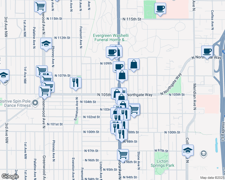 map of restaurants, bars, coffee shops, grocery stores, and more near 10530 Whitman Avenue North in Seattle