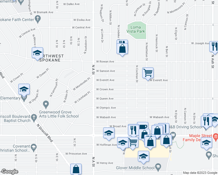 map of restaurants, bars, coffee shops, grocery stores, and more near 2726 West Crown Avenue in Spokane
