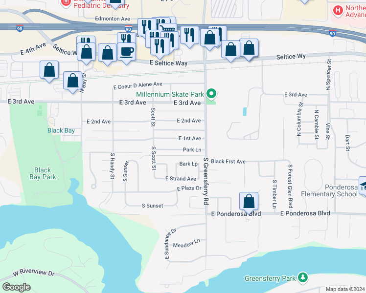 map of restaurants, bars, coffee shops, grocery stores, and more near 1807 East Park Lane in Post Falls