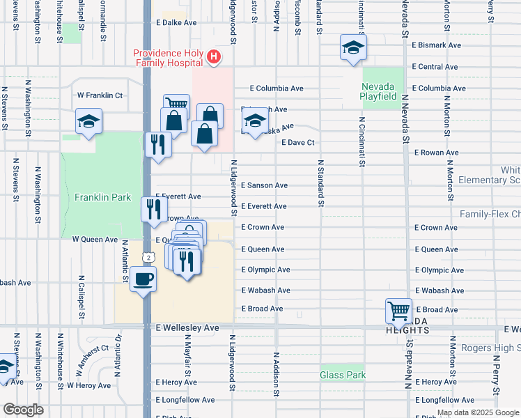 map of restaurants, bars, coffee shops, grocery stores, and more near 406 East Everett Avenue in Spokane