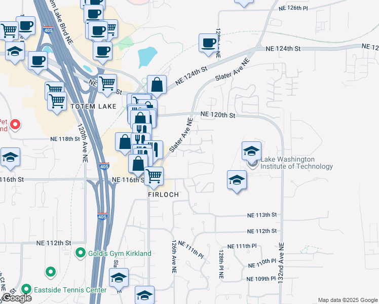 map of restaurants, bars, coffee shops, grocery stores, and more near 12504 Northeast 117th Place in Kirkland